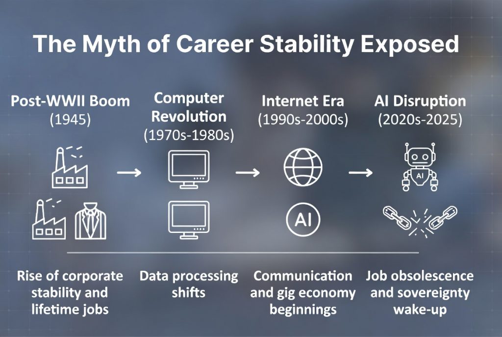 Infographic timeline showing the myth of career stability from Post-WWII corporate jobs to AI job disruption in 2025, highlighting data processing shifts, gig economy beginnings, and sovereignty wake-up for midlife professionals.