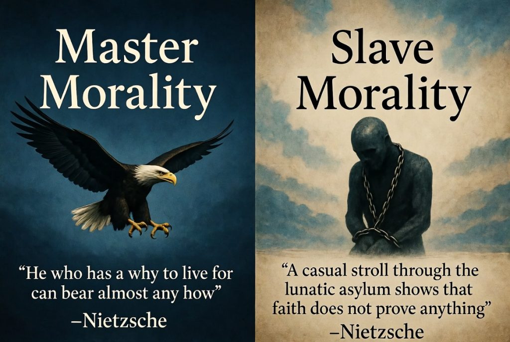 Split infographic contrasting Nietzsche's master morality (eagle symbolizing self-overcoming and sovereignty) vs. slave morality (chained figure representing corporate dependency and conformity), with quotes for midlife career change guidance.